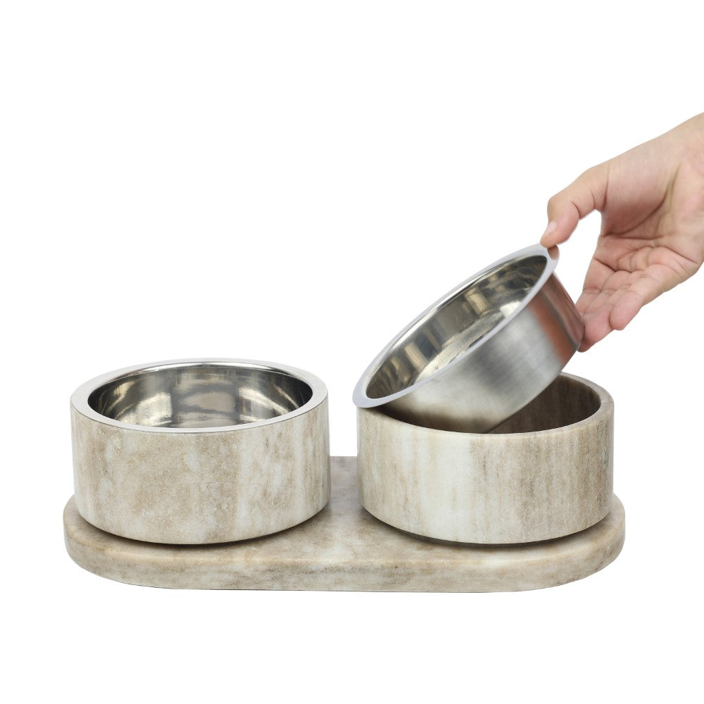 Marbre Small/Medium Modern Weighted Double Marble and Stainless Steel Bowl 12oz (1.5 Cups) Feeder with Non-Slip Marble Tray Set
