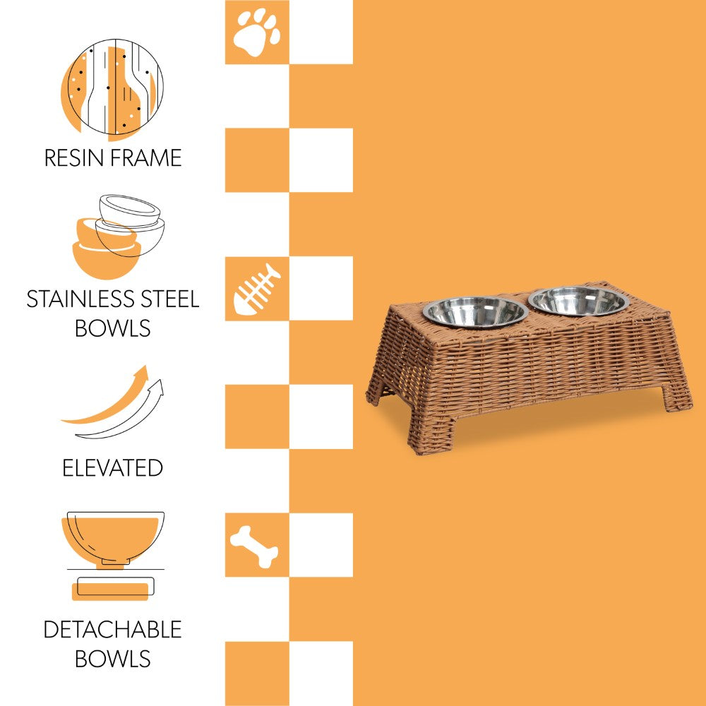 Serenity 6.9" Small/Medium Elevated Wicker Pet Feeder with 18oz (2.2 Cups) 2-Stainless Steel Bowls