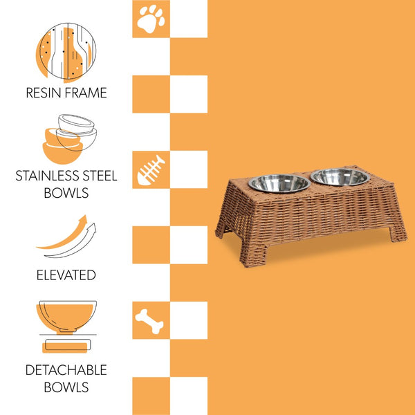 Serenity 6.9" Small/Medium Elevated Wicker Pet Feeder with 18oz (2.2 Cups) 2-Stainless Steel Bowls