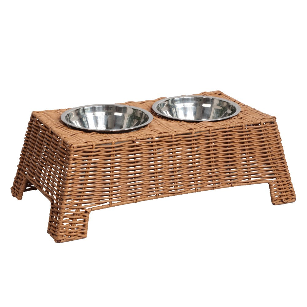 Serenity 6.9" Small/Medium Elevated Wicker Pet Feeder with 18oz (2.2 Cups) 2-Stainless Steel Bowls