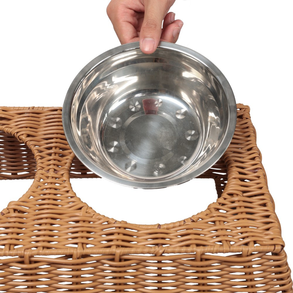Serenity 6.9" Small/Medium Elevated Wicker Pet Feeder with 18oz (2.2 Cups) 2-Stainless Steel Bowls