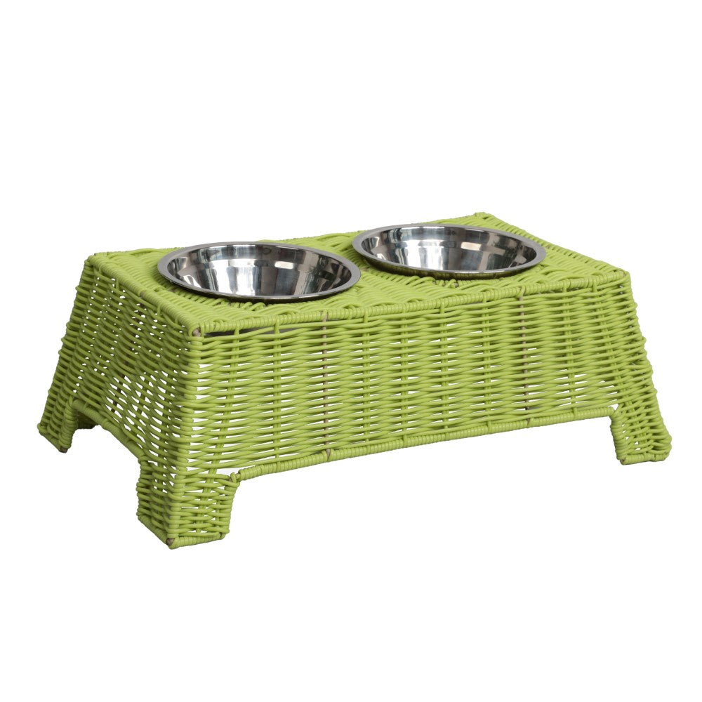Serenity 6.9" Small/Medium Elevated Wicker Pet Feeder with 18oz (2.2 Cups) 2-Stainless Steel Bowls