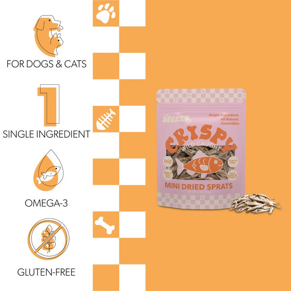 THE LICKER STORE Gluten and Grain-Free Omega-3 Single Ingredient Crunchy Dried Baltic Sprats for Dogs and Cats