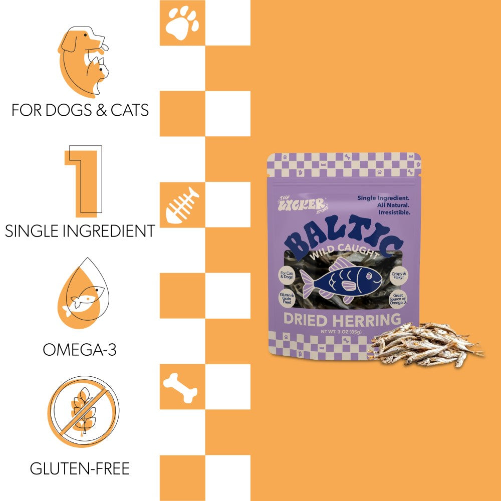 THE LICKER STORE Gluten and Grain-Free Omega-3 Single Ingredient Crunchy Dried Baltic Herring for Dogs and Cats