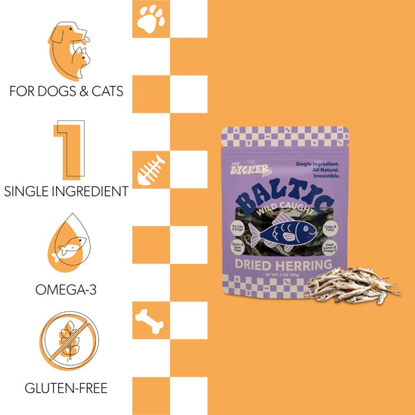 THE LICKER STORE Gluten and Grain-Free Omega-3 Single Ingredient Crunchy Dried Baltic Herring for Dogs and Cats