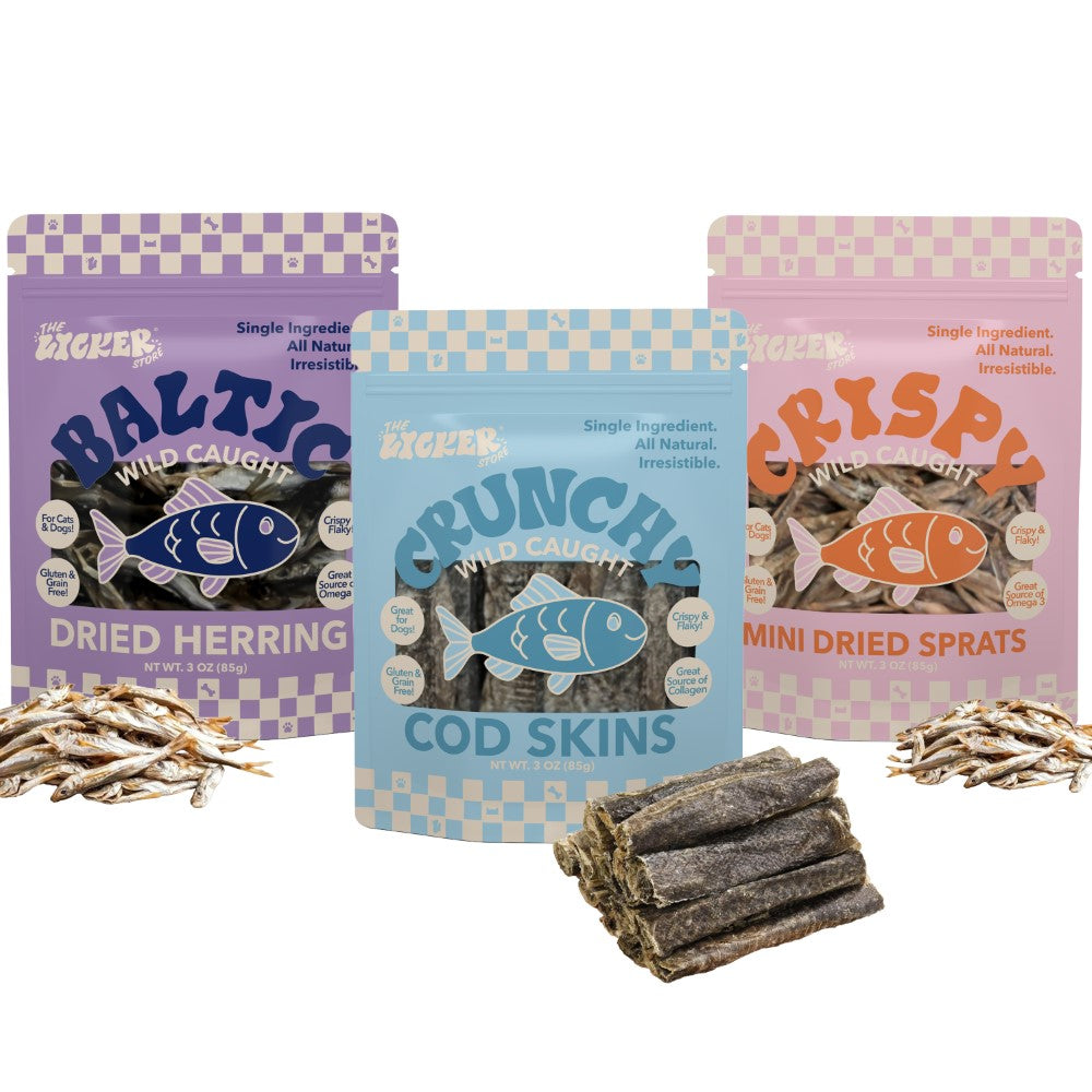 THE LICKER STORE Gluten and Grain-Free Omega-3 Single Ingredient Crunch Dried Fish Chews and Treats for Dogs Variety 3 Pack