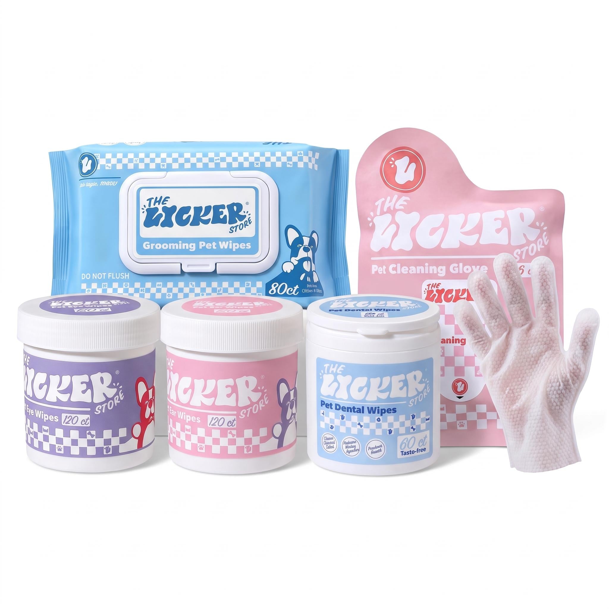 Complete Dog Grooming Discovery Wipe Box –  Body Wipes (80ct), Soft Glove Wipes (6ct), Eye Tear Stain Wipes (120ct), Ear Wipes (120ct) & Dental Finger Wipes (60ct)
